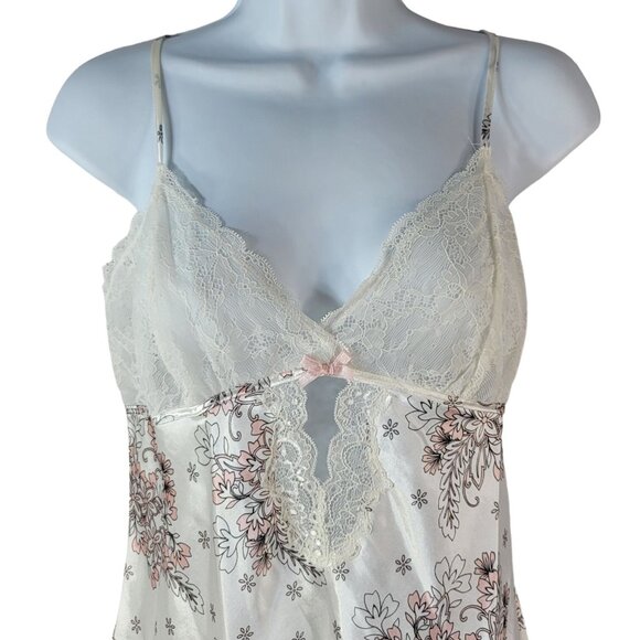 Morgan Taylor Satin Chemise White Pink Medium Lace Lingerie Adj Floral Nightie - Picture 2 of 8